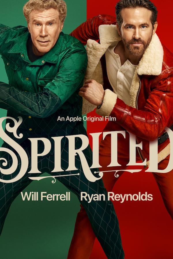 Poster for Spirited, featuring Will Ferrell and Ryan Reynolds posing in Christmas costumes