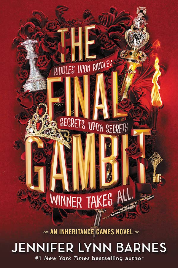 Cover of The Final Gambit, featuring a collection of red flowers and other items, a shiny scepter, chess pieces, and a lit match