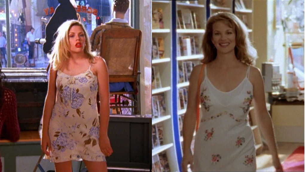 Two parallel shots: Audrey playing Miss Jacobs walking into the video store in this episode, in a very early 2000s slip dress, and actual Miss Jacobs walking into the video store in the pilot, in a very similar dress