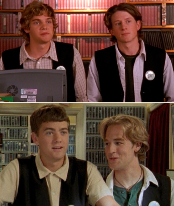 Two parallel shots: Patrick and George playing Pacey and Dawson at the video store in this episode, and then actual Pacey and Dawson at the video store in the pilot