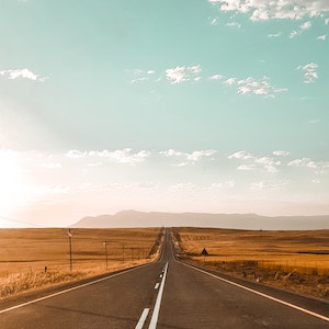 An empty road cuts through a field under a blue sky and goes into the far distance