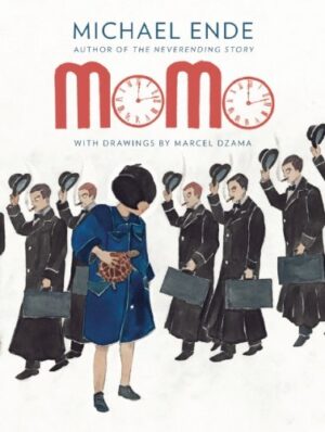 Cover of Momo, featuring a young girl in a blue coat in front of a bunch of men in suits tipping their hats to her