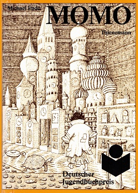 Cover of Momo featuring a young girl in an oversized coat in front of a city made of clocks