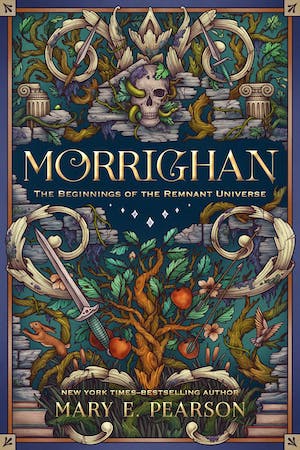 Cover of Morrighan, featuring an apple tree with red apples and a skull with a green snake in it