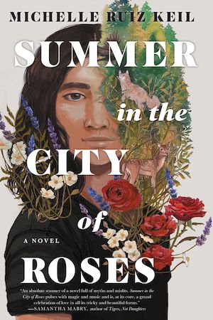 Cover of Summer in the City of Roses, featuring a feminine figure covered in part by flowers and forest animals