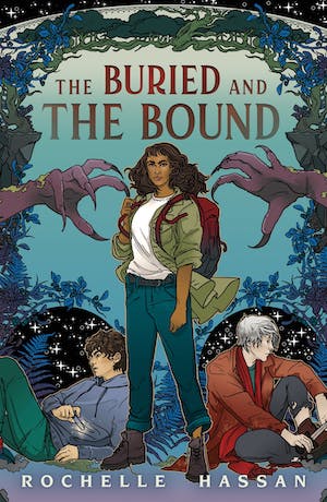 Cover of The Buried and the Bound, featuring a young woman standing between two seated male figures with their backs to her