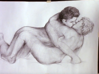 A terrible pencil drawing of Felicity and Noel having sex