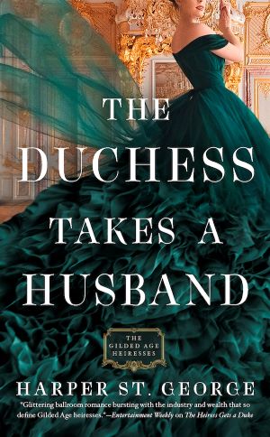 A woman in a ballroom stands in a dark green ballgown taking up most of the cover.