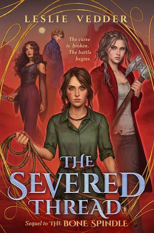 Cover of The Severed Thread, featuring three young women holding weapons and young man in a blue coat.