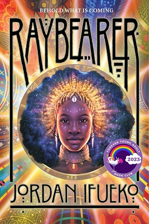 A young Black girl with a glowing afro and white dots painted on her face stares proudly at the reader from a glowing circle with rays of light beam out of it separating colorful patterns.