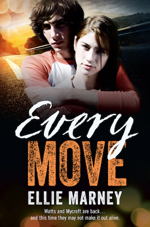 Cover of Every Move, featuring a young white man holding a young white woman from behind in front of a sunset-lit road