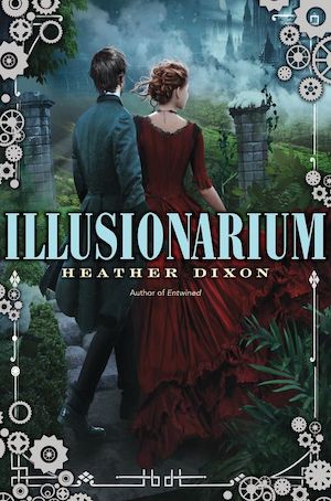 Cover of Illusionarium, featuring the backs of two people in Edwardian garb looking at a foggy lawn