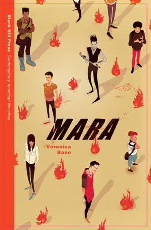 Cover of Mara, featuring a variety of illustrated characters and small balls of flame