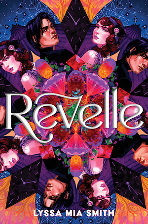 Cover of Revelle, featuring a colorful kaleidoscope image of a woman and man's face, gemstones, and diamond-shaped clocks.