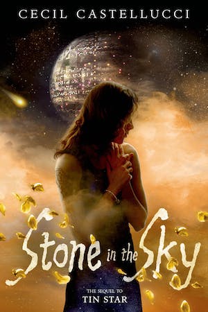 Cover of Stone in the Sky, featuring a young woman with tattoos and dark hair standing in front of a round space station.