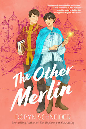 Cover of The Other Merlin, featuring an illustration of a boy holding books and a girl holding a magic wand