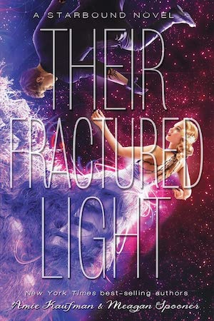 Cover of Their Fractured Light, featuring a woman in a purple dress and a man in a dark suit floating in space