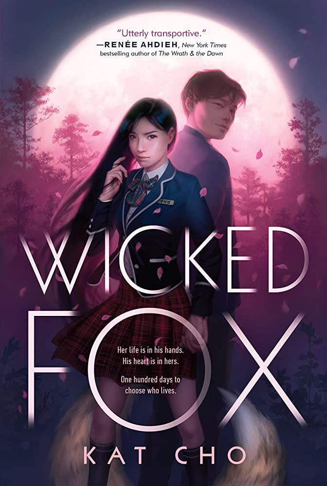Cover of Wicked Fox, featuring a young Korean woman and man wearing school uniforms in front of a full moon