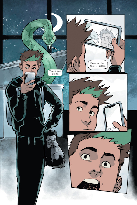 Panel from Teen Titans: Beast Boy that shows Gar reading his phone and being startled by a snake