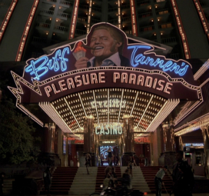 A screenshot from BACK TO THE FUTURE II, with Biff's casino