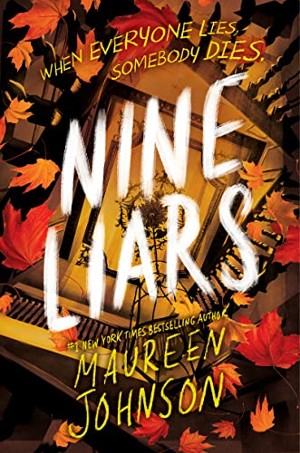 Cover of Nine Liars, with a circular staircase and floating autumn leaves