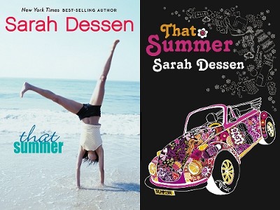 The U.S. cover of THAT SUMMER, featuring a girl cartwheeling on the beach, next to the UK cover, with a VW bug convertible painted in purple, pink and yellow psychadelic designs