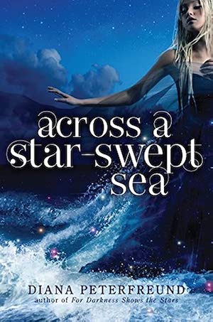 Cover of Across a Star-Swept Sea, featuring a blonde woman in a blue dress standing in an ocean wave