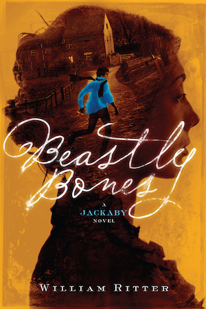 Cover of Beastly Bones, featuring a running man in a blue coast inside a woman's profile in front of a yellow background