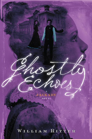 Cover of Ghostly Echoes, featuring a in a blue shirt and a woman in a dark dress inside a woman's profile on a purple background