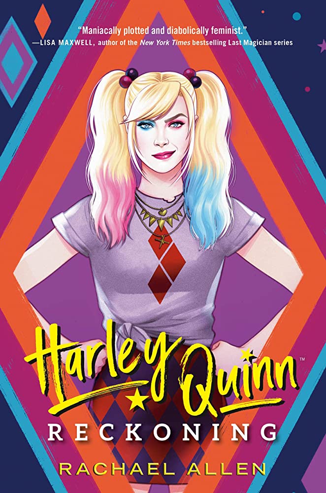 Cover of Harley Quinn: Reckoning, featuring a blonde woman with blue and pink dipped pigtails wearing a shirt with diamonds on it