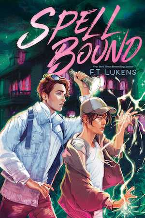 Cover of Spell Bound, featuring a man holding a flashlight and a person doing magic in front of a creepy house
