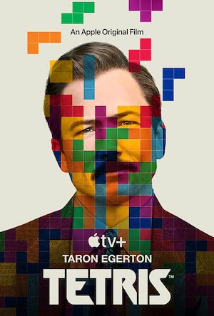 Poster for Tetris featuring Taron Edgerton behind falling Tetris blocks