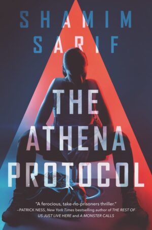 Cover of The Athena Protocol, featuring a young woman in shadow sitting gin front of a lit red triangle