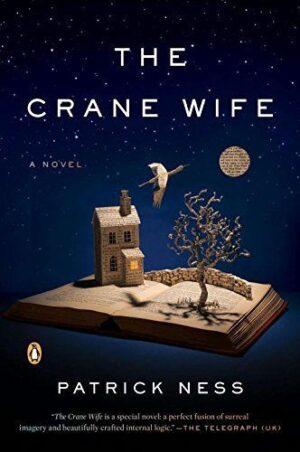 Cover of The Crane Wife, featuring a paper diorama of a house, tree, wall, crane, and moon on book in front of a field of stars