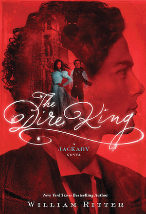 Cover of The Dire King, featuring a man in a blue shirt and a woman in a dark dress inside the profile of a man on a red background