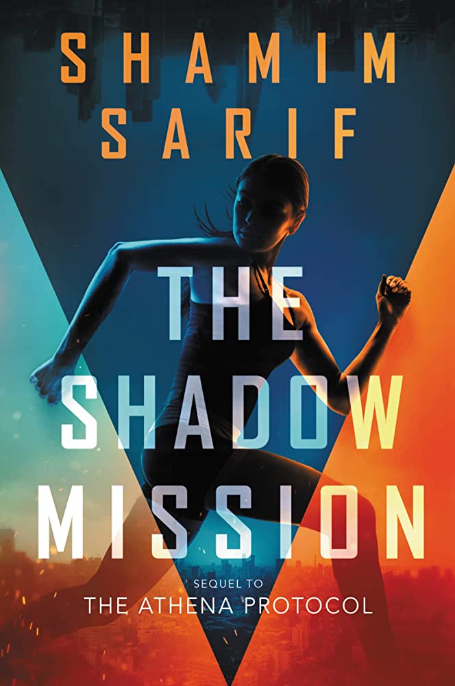 Cover of The Shadow Mission, featuring a girl running with a cityscape at the top and bottom of the image.