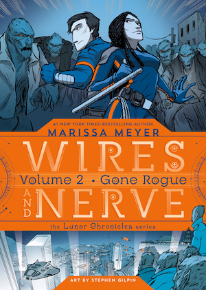 Cover of Wires and Nerve, Volume 2, featuring a man and woman facing off against a group of angry wolf men