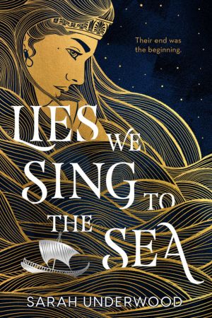 Cover of LIES WE SING TO THE SEA: An iridescent cover of gold details and a deep blue background. A woman’s face in the top left corner looks out across the sea that is blended to look like her hair while a silver boat sails below her head. The title of the book “Lies We Sing to the Sea” is placed in the waves of hair/water. She has a noose earring and a hair band across her forehead.