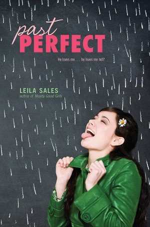 Cover of Past Perfect, with a brunette girl wearing a green rain jacket and holding her head up with her tongue out to catch rain drops