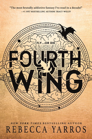 Cover of Fourth Wing, featuring the title in front of a circle of clouds around a sun, and two dragons, one black and one white