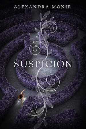 Cover of Suspicion, featuring a woman in a white dress running through a dark maze made up of purple hedges