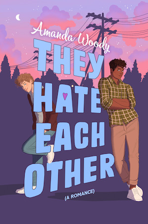 Cover of They Hate Each Other, featuring two male-presenting individuals peeking at each other from in front and behind the title