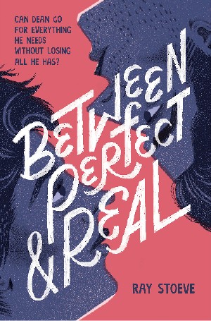 Cover of Between Perfect and Real, with an illustration of two boys' faces (in blue) staring at each other, one of them upside down from the other, against a pink background
