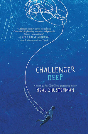 Cover of Challenger Deep, featuring a boy attached to a squiggly illustrated line swimming in a deep sea
