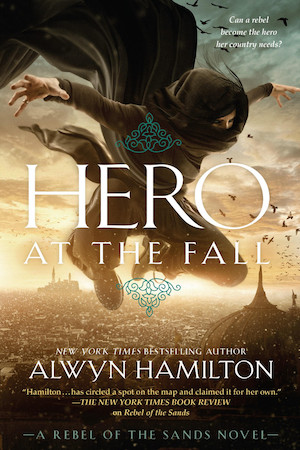 Cover of Hero at the Fall, featuring a masked and hooded woman mid-jump