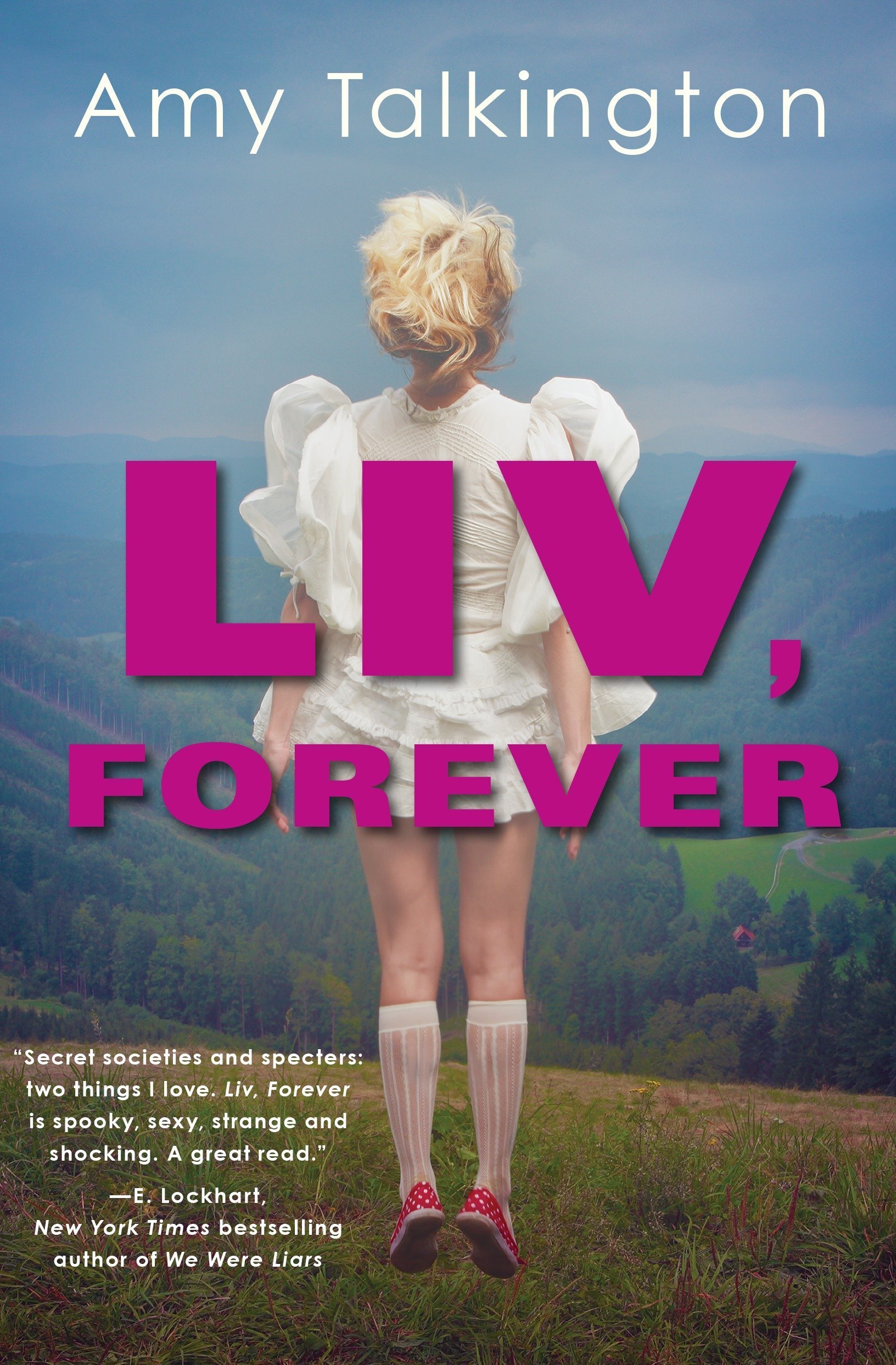 Cover of Liv, Forever, featuring a blonde woman in a white dress floating in front of a mountain valley