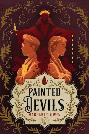 Cover of Painted Devils, featuring two figured with their backs to each other and a hooded red figure hovering in the background