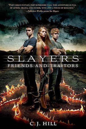 Cover of Slayers, featuring a blonde girl standing between two boys in front of a dragon skeleton