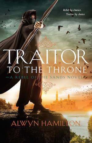 Cover of Traitor to the Throne, featuring a masked and hooded woman pointing a bow and arrow at the viewer