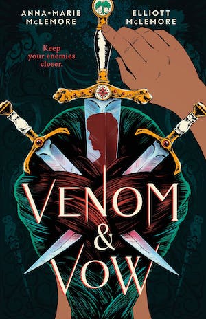 Cover of Venom & Vow, featuring the back off someone's head with knives stuck into their dark braid